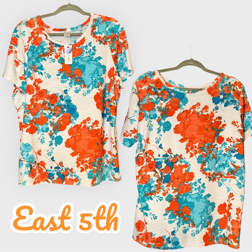 East 5th for JCPenney Tiana Floral White Scoop Neck Short Sleeve Summer Top